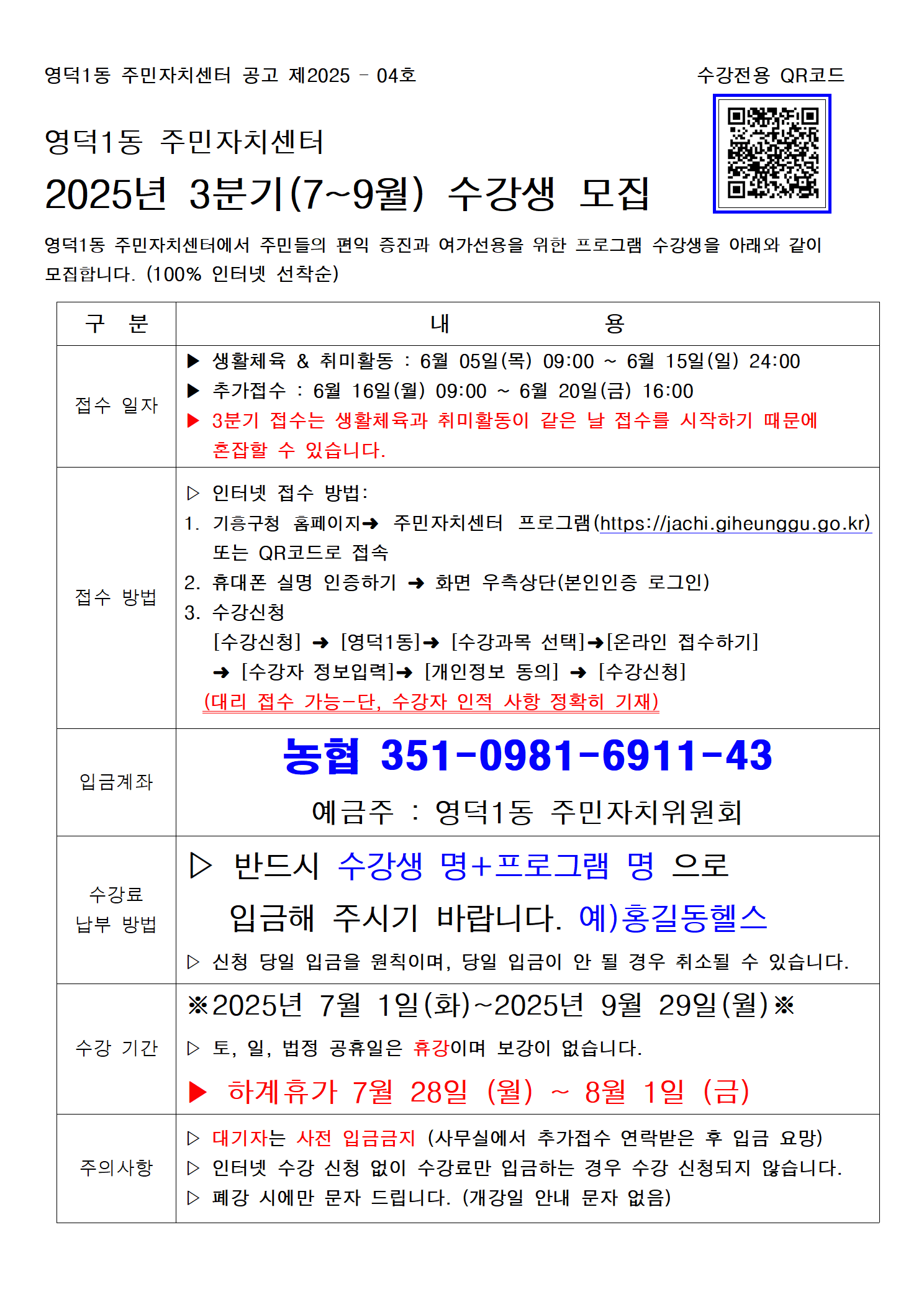 영덕1동 주민자치센터 공고 제2025-04호

영덕1동 주민자치센터
2025년 3분기(7~9월) 수강생 모집

영덕1동 주민자치센터에서 주민들의 편익 증진과 여가선용을 위한 프로그램 수강생을 아래와 같이
모집합니다. (100% 인터넷 선착순)

구분	내용
접수 일자	▶ 생활체육 & 취미활동 : 6월 05일(목) 09:00 ~ 6월 15일 (일) 24:00
▶ 추가접수 : 6월 16일(월) 09:00 ~ 6월 20일 (금) 16:00
▶ 3분기 접수는 생활체육과 취미활동이 같은 날 접수를 시작하기 때문에 혼잡할 수 있습니다.
접수 방법	▶ 인터넷 접수 방법:
1. 기흥구청 홈페이지? 주민자치센터 프로그램 (https://jachi.giheunggu.go.kr)
또는 QR코드로 접속
2. 휴대폰 실명 인증하기 → 화면 우측상단(본인인증 로그인)
3. 수강신청
[수강신청]→[영덕1동]→ [수강과목 선택]→[온라인 접수하기]
→ [수강자 정보입력]→ [개인정보 동의] → [수강신청]
(대리 접수 가능-단, 수강자 인적 사항 정확히 기재)
입금계좌	농협 351-0981-6911-43
예금주 : 영덕1동 주민자치위원회
수강료
납부 방법	▶ 반드시 수강생 명+프로그램 명 으로
입금해 주시기 바랍니다. 예)홍길동헬스
▶ 신청 당일 입금을 원칙이며, 당일 입금이 안 될 경우 취소될 수 있습니다.
수강 기간	※2025년 7월 1일(화)~2025년 9월 29일(월)※
▶ 토, 일, 법정 공휴일은 휴강이며 보강이 없습니다.
▶ 하계휴가 7월 28일(월) ~ 8월 1일(금)
주의사항	▶ 대기자는 사전 입금금지 (사무실에서 추가접수 연락받은 후 입금 요망)
▶ 인터넷 수강 신청 없이 수강료만 입금하는 경우 수강 신청되지 않습니다.
▶ 폐강 시에만 문자 드립니다. (개강일 안내 문자 없음)
