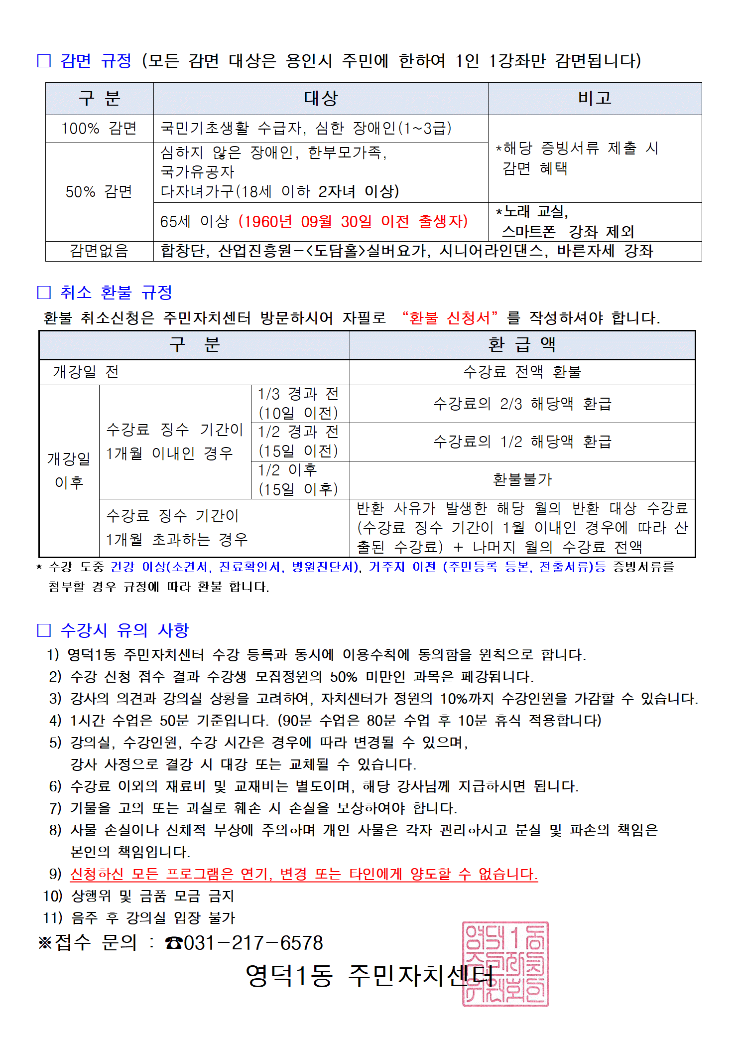 ? 감면 규정 (모든 감면 대상은 용인시 주민에 한하여 1인 1강좌만 감면됩니다)

구분	대상	비고
100% 감면	국민기초생활 수급자, 심한 장애인(1~3급)	
50% 감면	심하지 않은 장애인, 한부모가족, 국가유공자
다자녀가구(18세 이하 2자녀 이상)	*해당 증빙서류 제출 시 감면 혜택
감면없음	65세 이상 (1960년 09월 30일 이전 출생자)
합창단, 산업진흥원-<도담홀>실버요가, 시니어라인댄스, 바른자세 강좌	*노래 교실, 스마트폰 강좌 제외
? 취소 환불 규정

환불 취소신청은 주민자치센터 방문하시어 자필로 “환불 신청서”를 작성하셔야 합니다.

구분	환급액
개강일 전	수강료 전액 환불
개강일 이후	수강료 징수 기간이 1개월 이내인 경우	1/3 경과 전 (10일 이전)
1/2 경과 전 (15일 이전)
1/2 이후 (15일 이후)	수강료의 2/3 해당액 환급
수강료의 1/2 해당액 환급
수강료 징수 기간이 1개월 초과하는 경우		환불불가
수강 도중 건강 이상(소견서, 진료확인서, 병원진단서), 거주지 이전 (주민등록 등본, 전출서류)등 증빙서류를 첨부할 경우 규정에 따라 환불 합니다.
? 수강시 유의 사항

1) 영덕1동 주민자치센터 수강 등록과 동시에 이용수칙에 동의함을 원칙으로 합니다.
2) 수강 신청 접수 결과 수강생 모집정원의 50% 미만인 과목은 폐강됩니다.
3) 강사의 의견과 강의실 상황을 고려하여, 자치센터가 정원의 10%까지 수강인원을 가감할 수 있습니다.
4) 1시간 수업은 50분 기준입니다. (90분 수업은 80분 수업 후 10분 휴식 적용합니다)
5) 강의실, 수강인원, 수강 시간은 경우에 따라 변경될 수 있으며, 강사 사정으로 결강 시 대강 또는 교체될 수 있습니다.
6) 수강료 이외의 재료비 및 교재비는 별도이며, 해당 강사님께 지급하시면 됩니다.
7) 기물을 고의 또는 과실로 훼손 시 손실을 보상하여야 합니다.
8) 사물 손실이나 신체적 부상에 주의하며 개인 사물은 각자 관리하시고 분실 및 파손의 책임은 본인의 책임입니다.
9) 신청하신 모든 프로그램은 연기, 변경 또는 타인에게 양도할 수 없습니다.
10) 상행위 및 금품 모금 금지
11) 음주 후 강의실 입장 불가

※접수 문의 : ☎031-217-6578

영덕1동 주민자치센터