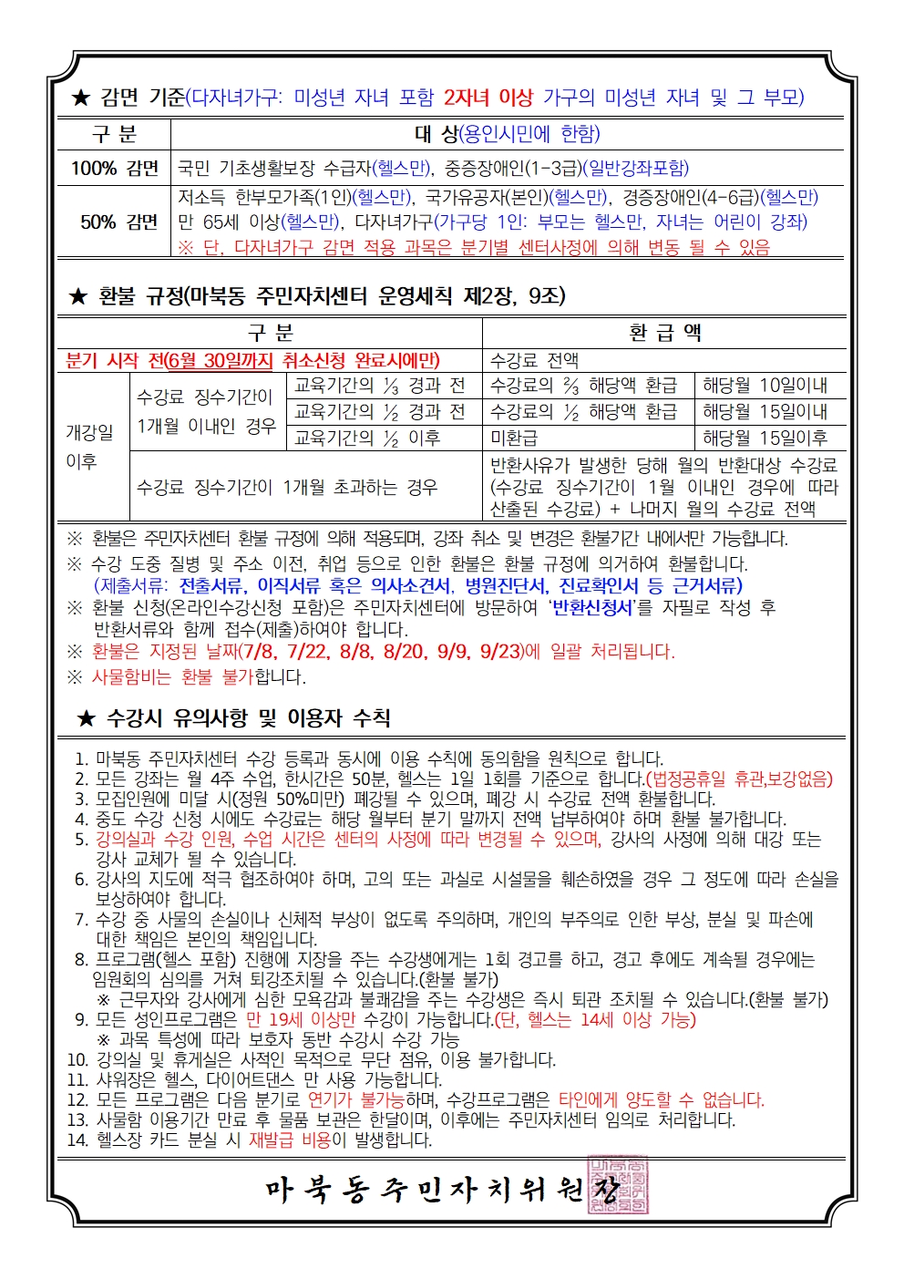 ★ 감면 기준(다자녀가구: 미성년 자녀 포함 2자녀 이상 가구의 미성년 자녀 및 그 부모)
구분 | 대상(용인시민에 한함)
---|---
100% 감면 | 국민 기초생활보장 수급자(헬스만), 중증장애인(1-3급)(일반강좌포함)
50% 감면 | 저소득 한부모가족(1인)(헬스만), 국가유공자(본인)(헬스만), 경증장애인(4-6급)(헬스만) 만 65세 이상(헬스만), 다자녀가구(가구당 1인: 부모는 헬스만, 자녀는 어린이 강좌)

| ※ 단, 다자녀가구 감면 적용 과목은 분기별 센터사정에 의해 변동 될 수 있음

★ 환불 규정(마북동 주민자치센터 운영세칙 제2장, 9조)

구분	환급액
분기 시작 전(6월 30일까지 취소신청 완료시에만)	수강료 전액
개강일 이후	수강료 징수기간이 1개월 이내인 경우	교육기간의 ⅓ 경과 전	수강료의 ⅔ 해당액 환급	해당월 10일이내
교육기간의 ½ 경과 전	수강료의 ½ 해당액 환급	해당월 15일이내
교육기간의 ½ 이후	미환급	해당월 15일이후
수강료 징수기간이 1개월 초과하는 경우		반환사유가 발생한 당해 월의 반환대상 수강료 (수강료 징수기간이 1월 이내인 경우에 따라 산출된 수강료) + 나머지 월의 수강료 전액
※ 환불은 주민자치센터 환불 규정에 의해 적용되며, 강좌 취소 및 변경은 환불기간 내에서만 가능합니다.
※ 수강 도중 질병 및 주소 이전, 취업 등으로 인한 환불은 환불 규정에 의거하여 환불합니다.
(제출서류: 전출서류, 이직서류 혹은 의사소견서, 병원진단서, 진료확인서 등 근거서류)
※ 환불 신청(온라인수강신청 포함)은 주민자치센터에 방문하여 '반환신청서'를 자필로 작성 후 반환서류와 함께 접수(제출)하여야 합니다.
※ 환불은 지정된 날짜(7/8, 7/22, 8/8, 8/20, 9/9, 9/23)에 일괄 처리됩니다.
※ 사물함비는 환불 불가합니다.

★ 수강시 유의사항 및 이용자 수칙

마북동 주민자치센터 수강 등록과 동시에 이용 수칙에 동의함을 원칙으로 합니다.
모든 강좌는 월 4주 수업, 한시간은 50분, 헬스는 1일 1회를 기준으로 합니다.(법정공휴일 휴관, 보강없음)
모집인원에 미달 시(정원 50%미만) 폐강될 수 있으며, 폐강 시 수강료 전액 환불합니다.
중도 수강 신청 시에도 수강료는 해당 월부터 분기 말까지 전액 납부하여야 하며 환불 불가합니다.
강의실과 수강 인원, 수업 시간은 센터의 사정에 따라 변경될 수 있으며, 강사의 사정에 의해 대강 또는 강사 교체가 될 수 있습니다.
강사의 지도에 적극 협조하여야 하며, 고의 또는 과실로 시설물을 훼손하였을 경우 그 정도에 따라 손실을 보상하여야 합니다.
수강 중 사물의 손실이나 신체적 부상이 없도록 주의하며, 개인의 부주의로 인한 부상, 분실 및 파손에 대한 책임은 본인의 책임입니다.
프로그램(헬스 포함) 진행에 지장을 주는 수강생에게는 1회 경고를 하고, 경고 후에도 계속될 경우에는 임원회의 심의를 거쳐 퇴강조치될 수 있습니다.(환불 불가)
※ 근무자와 강사에게 심한 모욕감과 불쾌감을 주는 수강생은 즉시 퇴관 조치될 수 있습니다.(환불 불가)
모든 성인프로그램은 만 19세 이상만 수강이 가능합니다.(단, 헬스는 14세 이상 가능)
※ 과목 특성에 따라 보호자 동반 수강시 수강 가능
강의실 및 휴게실은 사적인 목적으로 무단 점유, 이용 불가합니다.
샤워장은 헬스, 다이어트댄스 만 사용 가능합니다.
모든 프로그램은 다음 분기로 연기가 불가능하며, 수강프로그램은 타인에게 양도할 수 없습니다.
사물함 이용기간 만료 후 물품 보관은 한달이며, 이후에는 주민자치센터 임의로 처리합니다.
헬스장 카드 분실 시 재발급 비용이 발생합니다.
마북동주민자치위원장