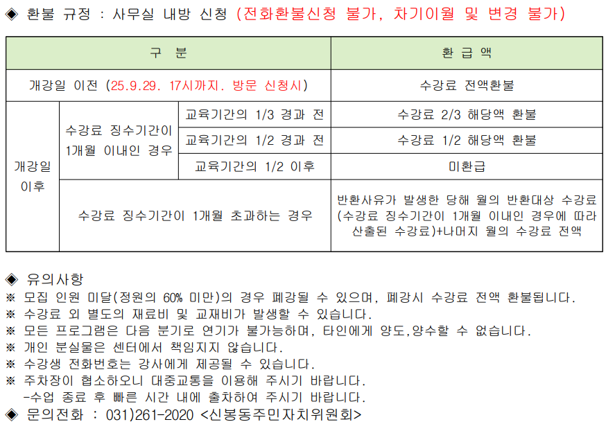 ? 환불 규정 : 사무실 내방 신청 (전화환불신청 불가, 차기이월 및 변경 불가)

구 분	환 급 액
개강일 이전 (25.9.29. 17시까지. 방문 신청시)	수강료 전액환불
개강일 이후	수강료 징수기간이 1개월 이내인 경우	교육기간의 1/3 경과 전	수강료 2/3 해당액 환불
교육기간의 1/2 경과 전	수강료 1/2 해당액 환불
교육기간의 1/2 이후	미환급
수강료 징수기간이 1개월 초과하는 경우		반환사유가 발생한 당해 월의 반환대상 수강료 (수강료 징수기간이 1개월 이내인 경우에 따라 산출된 수강료)+나머지 월의 수강료 전액
? 유의사항
※ 모집 인원 미달(정원의 60% 미만)의 경우 폐강될 수 있으며, 폐강시 수강료 전액 환불됩니다.
※ 수강료 외 별도의 재료비 및 교재비가 발생할 수 있습니다.
※ 모든 프로그램은 다음 분기로 연기가 불가능하며, 타인에게 양도, 양수할 수 없습니다.
※ 개인 분실물은 센터에서 책임지지 않습니다.
※ 수강생 전화번호는 강사에게 제공될 수 있습니다.
※ 주차장이 협소하오니 대중교통을 이용해 주시기 바랍니다.
-수업 종료 후 빠른 시간 내에 출차하여 주시기 바랍니다.
? 문의전화 : 031)261-2020 <신봉동주민자치위원회>