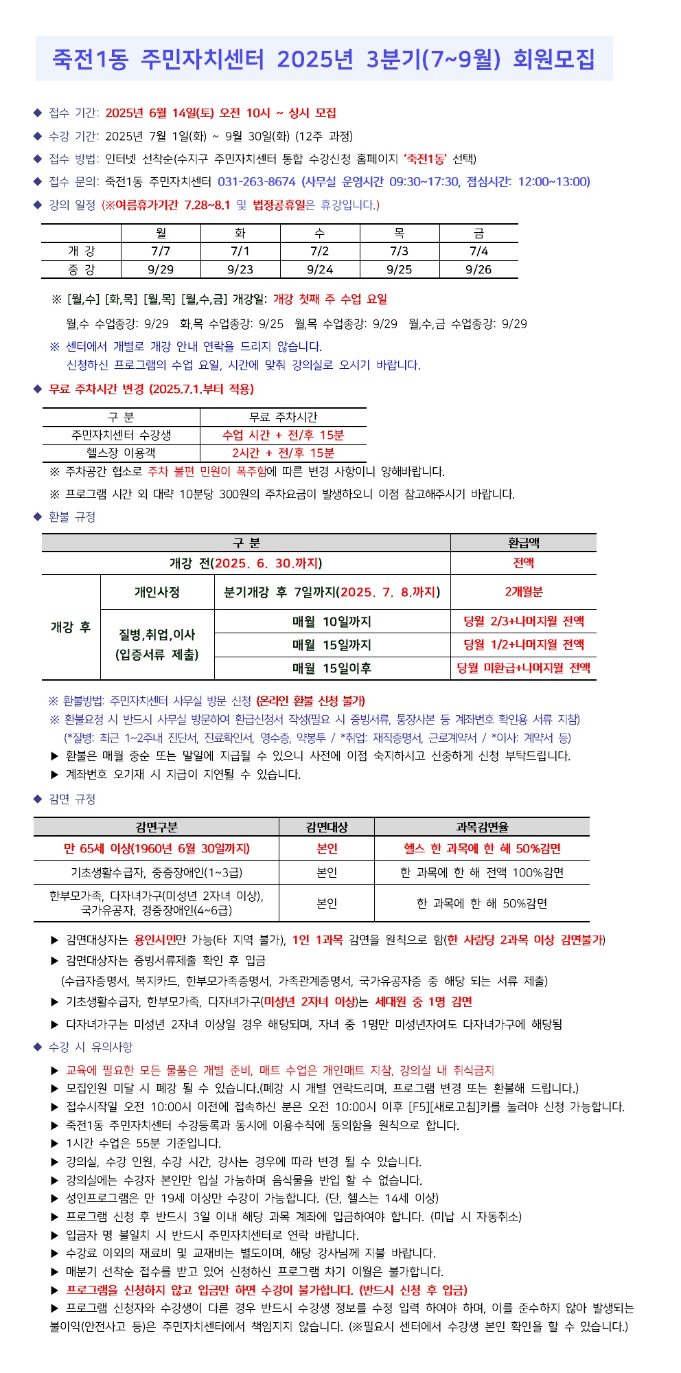 죽전1동 주민자치센터 2025년 3분기(7~9월) 회원모집

◆ 접수 기간: 2025년 6월 14일(토) 오전 10시 ~ 상시 모집
◆ 수강 기간: 2025년 7월 1일(화) ~ 9월 30일(화) (12주 과정)
◆ 접수 방법: 인터넷 선착순(수지구 주민자치센터 통합 수강신청 홈페이지 '죽전1동' 선택)
◆ 접수 문의: 죽전1동 주민자치센터 031-263-8674 (사무실 운영시간 09:30~17:30, 점심시간: 12:00~13:00)
◆ 강의 일정 (※여름휴가기간 7.28~8.1 및 법정공휴일은 휴강입니다.)

월	화	수	목	금
개강	7/7	7/1	7/2	7/3	7/4
종강	9/29	9/23	9/24	9/25	9/26
※ [월,수] [화,목] [월,목] [월,수,금] 개강일: 개강 첫째 주 수업 요일

월,수 수업종강: 9/29 화,목 수업종강: 9/25 월,목 수업종강: 9/29 월,수,금 수업종강: 9/29
※ 센터에서 개별로 개강 안내 연락을 드리지 않습니다.
신청하신 프로그램의 수업 요일, 시간에 맞춰 강의실로 오시기 바랍니다.

◆ 무료 주차시간 변경 (2025.7.1.부터 적용)

구분	무료 주차시간
주민자치센터 수강생	수업 시간 + 전/후 15분
헬스장 이용객	2시간 + 전/후 15분
※ 주차공간 협소로 주차 불편 민원이 폭주함에 따른 변경 사항이니 양해바랍니다.
※ 프로그램 시간 외 대략 10분당 300원의 주차요금이 발생하오니 이점 참고해주시기 바랍니다.
환불 규정

구분	환급액
개강 후	개강 전(2025. 6. 30.까지)	전액
개인사정 분기개강 후 7일까지(2025. 7. 8.까지)	2개월분
질병, 취업, 이사 (입증서류 제출)
매월 10일까지
매월 15일까지
매월 15일이후	당월 2/3+나머지월 전액
당월 1/2+나머지월 전액
당월 미환급+나머지월 전액
※ 환불방법: 주민자치센터 사무실 방문 신청 (온라인 환불 신청 불가)
※ 환불요청 시 반드시 사무실 방문하여 환급신청서 작성(필요 시 증빙서류, 통장사본 등 계좌번호 확인용 서류 지참)
(질병: 최근 1~2주내 진단서, 진료확인서, 영수증, 약봉투 / 취업: 재직증명서, 근로계약서 / *이사: 계약서 등)
▶ 환불은 매월 중순 또는 말일에 지급될 수 있으니 사전에 이점 숙지하시고 신중하게 신청 부탁드립니다.
▶ 계좌번호 오기재 시 지급이 지연될 수 있습니다.

◆ 감면 규정

감면구분	감면대상	과목감면율
만 65세 이상(1960년 6월 30일까지)	본인	헬스 한 과목에 한 해 50% 감면
기초생활수급자, 중증장애인(1~3급)	본인	한 과목에 한해 전액 100% 감면
한부모가족, 다자녀가구(미성년 2자녀 이상), 국가유공자, 경증장애인(4~6급)	본인	한 과목에 한해 50%감면
▶ 감면대상자는 용인시민만 가능(타 지역 불가), 1인 1과목 감면을 원칙으로 함(한 사람당 2과목 이상 감면불가)
▶ 감면대상자는 증빙서류제출 확인 후 입금
(수급자증명서, 복지카드, 한부모가족증명서, 가족관계증명서, 국가유공자증 중 해당 되는 서류 제출)
▶ 기초생활수급자, 한부모가족, 다자녀가구(미성년 2자녀 이상)는 세대원 중 1명 감면
▶ 다자녀가구는 미성년 2자녀 이상일 경우 해당되며, 자녀 중 1명만 미성년자여도 다자녀가구에 해당됨

◆ 수강 시 유의사항

▶ 교육에 필요한 모든 물품은 개별 준비, 매트 수업은 개인매트 지참, 강의실 내 취식금지
▶ 모집인원 미달 시 폐강 될 수 있습니다. (폐강 시 개별 연락드리며, 프로그램 변경 또는 환불해 드립니다.)
▶ 접수시작일 오전 10:00시 이전에 접속하신 분은 오전 10:00시 이후 [F5][새로고침] 키를 눌러야 신청 가능합니다.
▶ 죽전1동 주민자치센터 수강등록과 동시에 이용수칙에 동의함을 원칙으로 합니다.
▶ 1시간 수업은 55분 기준입니다.
▶ 강의실, 수강 인원, 수강 시간, 강사는 경우에 따라 변경 될 수 있습니다.
▶ 강의실에는 수강자 본인만 입실 가능하며 음식물을 반입 할 수 없습니다.
▶ 성인프로그램은 만 19세 이상만 수강이 가능합니다. (단, 헬스는 14세 이상)
▶ 프로그램 신청 후 반드시 3일 이내 해당 과목 계좌에 입금하여야 합니다. (미납 시 자동취소)
▶ 입금자 명 불일치 시 반드시 주민자치센터로 연락 바랍니다.
▶ 수강료 이외의 재료비 및 교재비는 별도이며, 해당 강사님께 지불 바랍니다.
▶ 매분기 선착순 접수를 받고 있어 신청하신 프로그램 차기 이월은 불가합니다.
▶ 프로그램을 신청하지 않고 입금만 하면 수강이 불가합니다. (반드시 신청 후 입금)
▶ 프로그램 신청자와 수강생이 다른 경우 반드시 수강생 정보를 수정 입력 하여야 하며, 이를 준수하지 않아 발생되는
불이익(안전사고 등)은 주민자치센터에서 책임지지 않습니다. (※필요시 센터에서 수강생 본인 확인을 할 수 있습니다.)